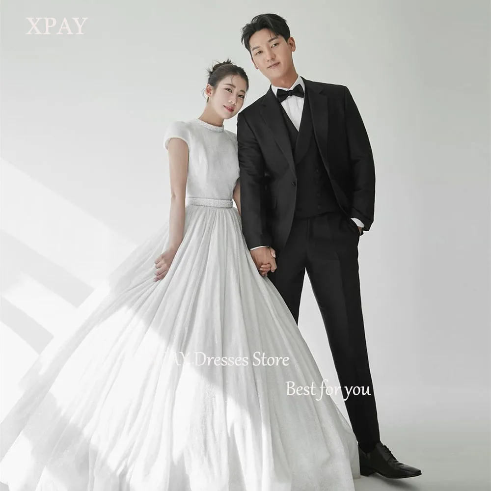 Xpay ชุดแต่งงานสวยๆคอกลมแขนสั้นเดรสถ่ายรูปเกาหลีชุดราตรีเจ้าสาวแบบหรูหราทำเองได้