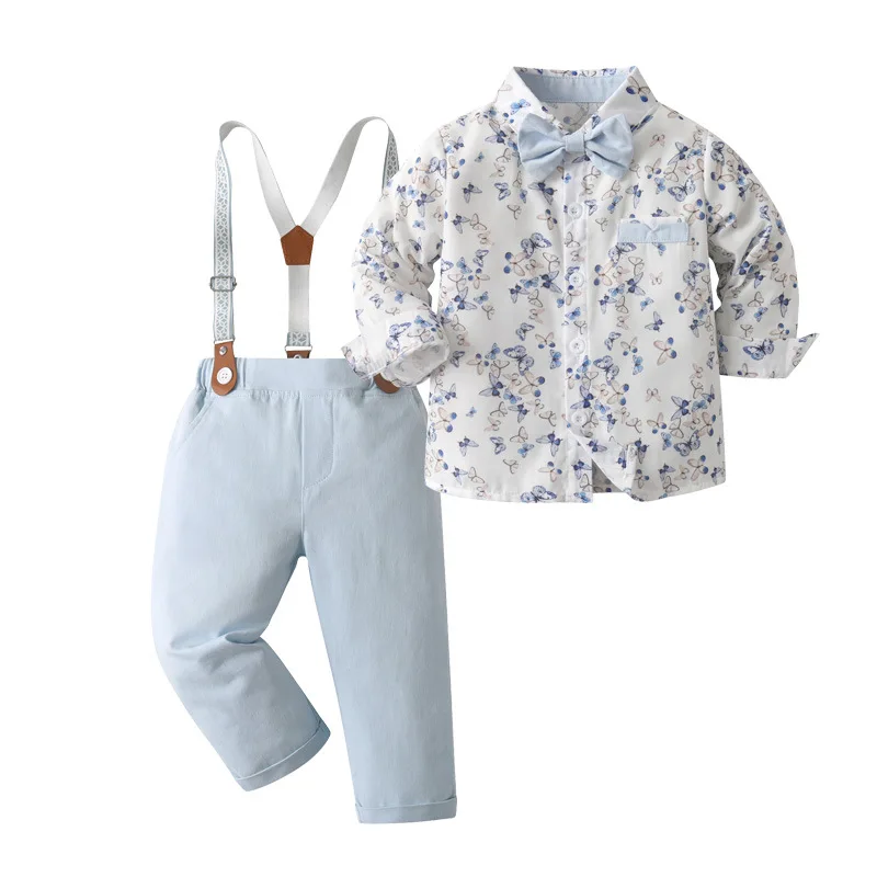 

Gentleman Boys Outfit Set Kids Printed Long Sleeve Shirt + Suspender Pants Toddler Formal Dressy Clothing for Party Photo Shoot