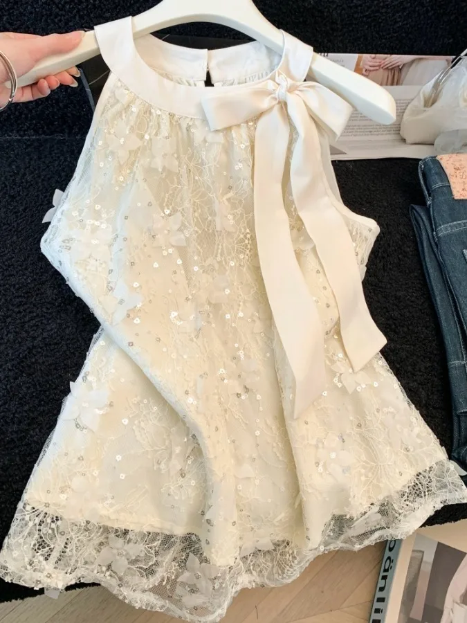 

Elegant Knot Vest Women's Summer Fashionable Lace Mesh Flower Top Trendy Neck Hanging Sleeveless round Collar Shirt
