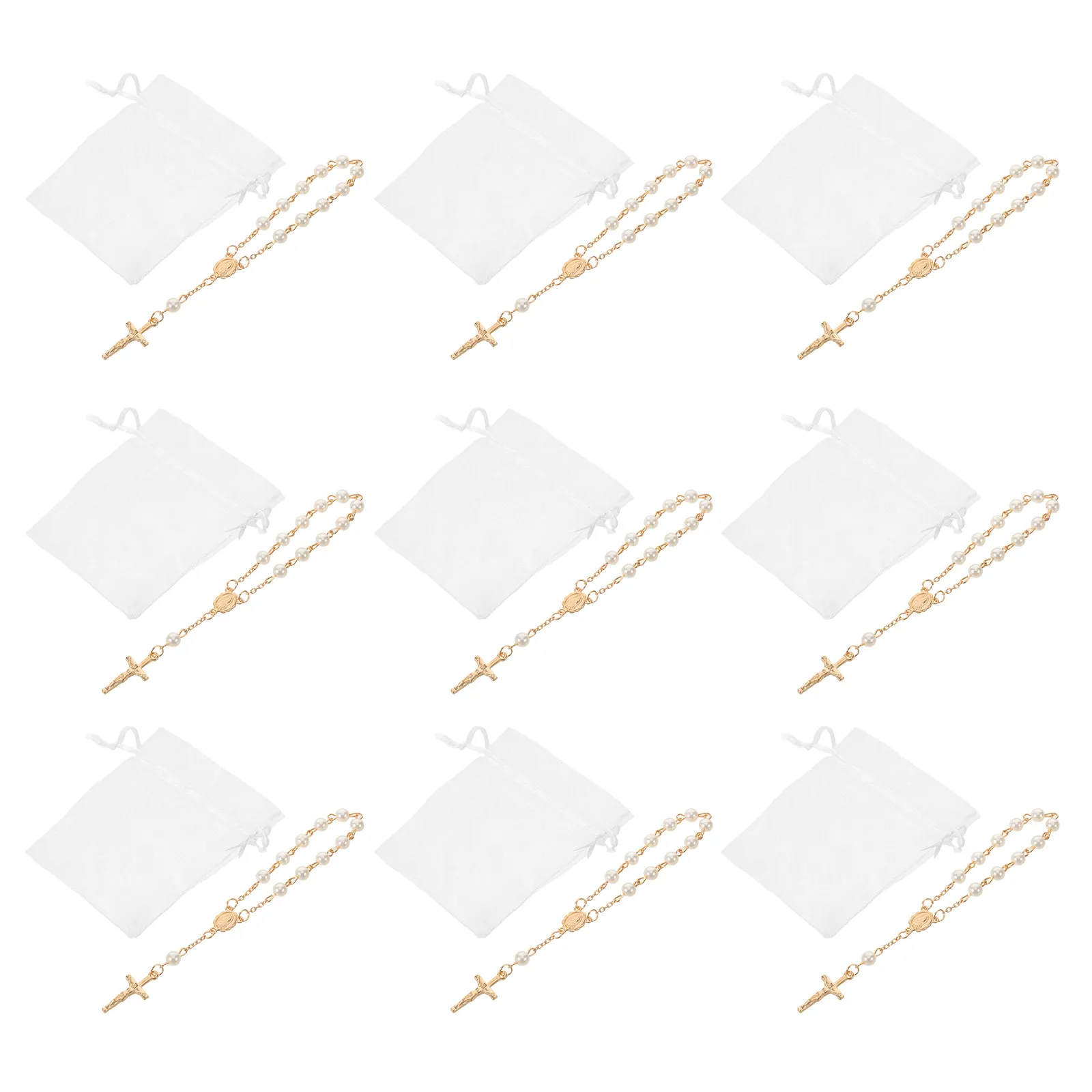 

1 Set Catholic Rosary Bracelet Baptism Favor Set Faux Pearl Crucifix Organza Bags Confirmation Communion Christening Wedding