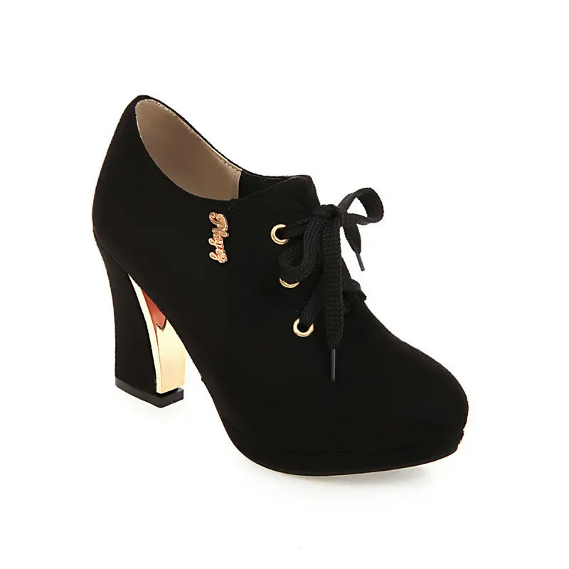 Spring Autumn Vintage Lace Up Women Pumps Oxford Shoes Simple Chunky Heel Suede High Heels Lady Ankle Boots Size 33-43