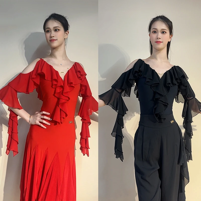 

Ballroom Dance Clothes Women Red Back Ruffled Tops Waltz Dance Performance Costume Club Latin Dance Practice Dancewear BL18965