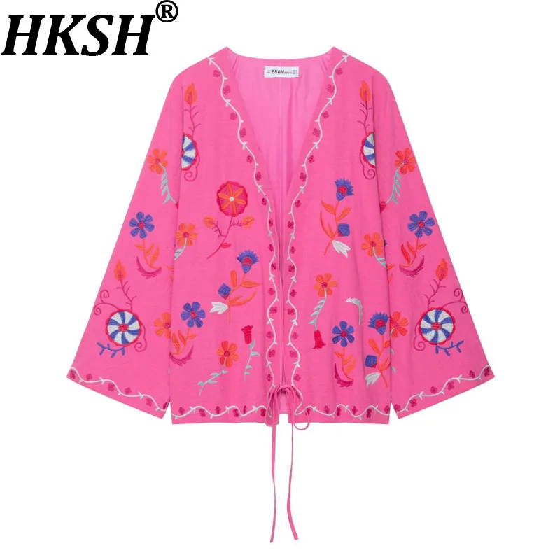 

HKSH весна осень новое женское тонкое пальто с v-образным вырезом на шнуровке с длинными рукавами и вышивкой элегантная шикарная повседневная куртка для отпуска HK13510