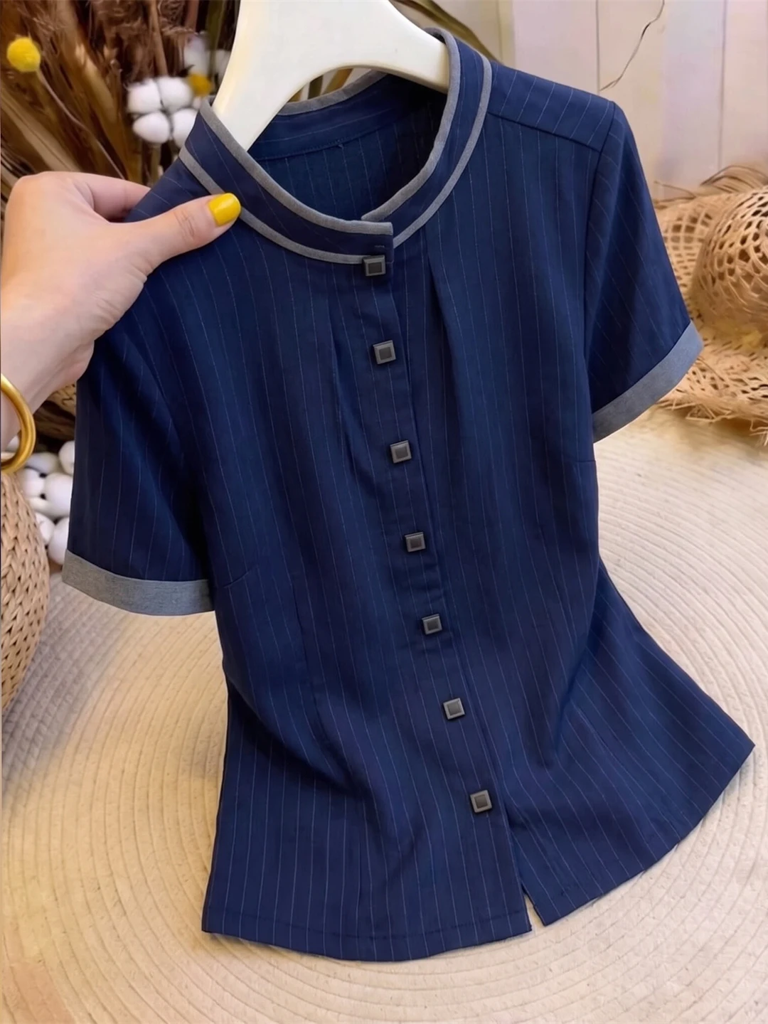 

Elegant Stripe Short Sleeve Stand Collar Shirt Casual Versatile Ageless Top Daily Shirt Commute Style Summer Collection