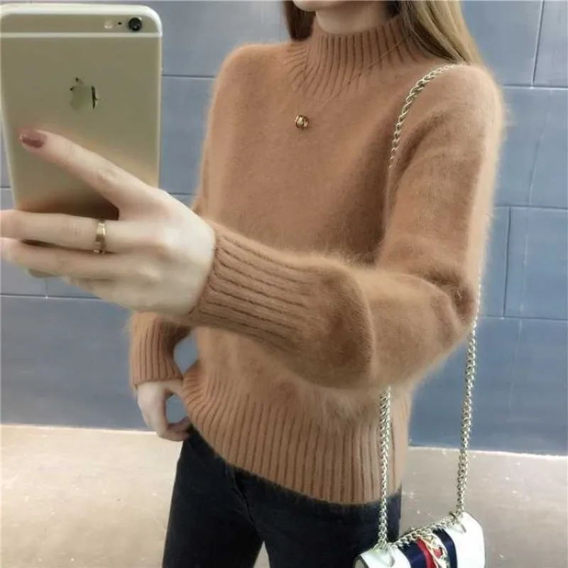 

Autumn Winter Women's Pullover Round Neck Solid Color Flocking Screw Thread Lantern Long Sleeve Sweater Knitted Casual Tops