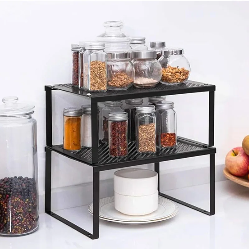 Kitchen Cabinet and Counter Pantry Shelf Organizer, Expandable & Stackable, White and Black