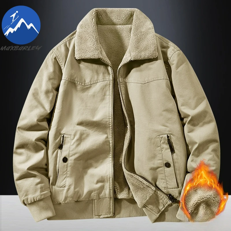 Maxbarley-Chaqueta de lana de cordero para hombre, chaqueta cálida gruesa con solapa para viajes al aire libre, cortavientos ligero de estilo americano Premium
