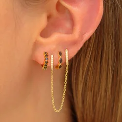 3PCS Gold Color Double Holes Chain Hoop Earrings Set for Women Stainless Steel Crystal Tassel Earrings Wedding Jewelry Gift 2024