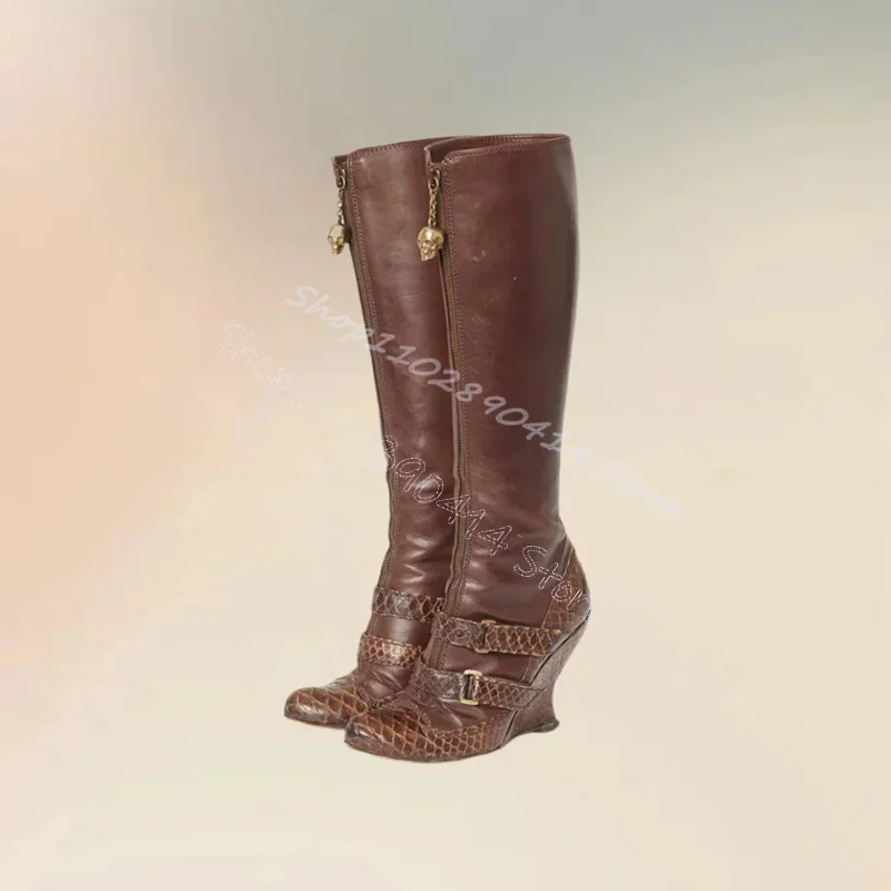 

Brown Alligator Print Strange Style Heels Skull Boots Front Zipper Women Shoes Pointed Toe Party Feast 2024 Zapatos Para Mujere