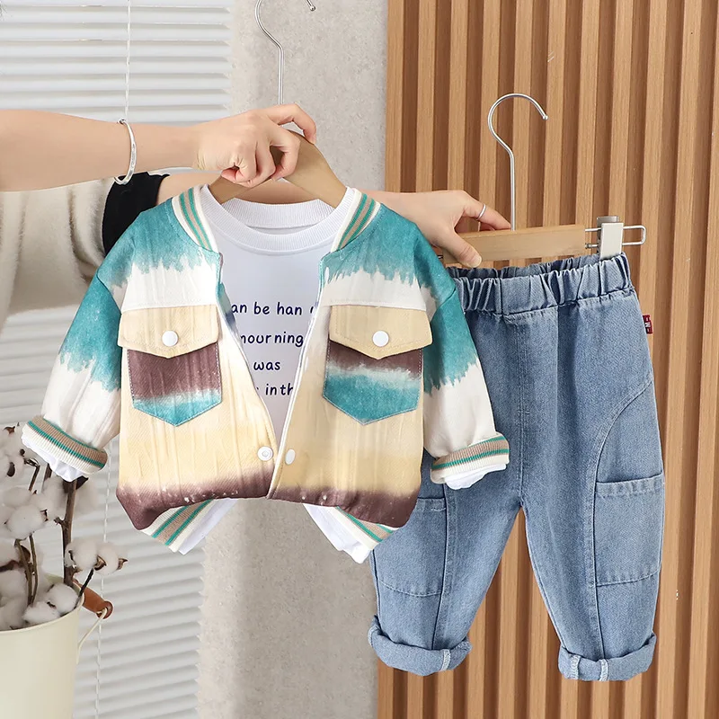 

2024 Spring Baby Outfits for Boy Clothes 1 To 2 Years Fashion Sfumato Double Pockets Jackets + T-shirts + Pants 3PCS Boys Suit