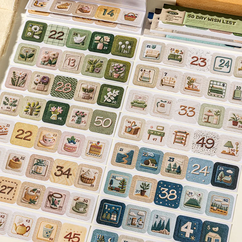 1er-Pack/2er-Pack 50 Days Wish List Ausgestanztes Aufkleberbuch mit gestickter Textur, Tagebuch-Dekoration, DIY Kreativ-Collage, Vintage-Aufkleber