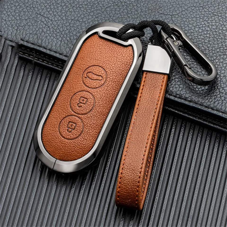 Zinc Alloy Leather Car Smart Key Case Cover for Aito M5 M7 2022 3 Buttons Remote Protection Shell Keychain Auto Accessories