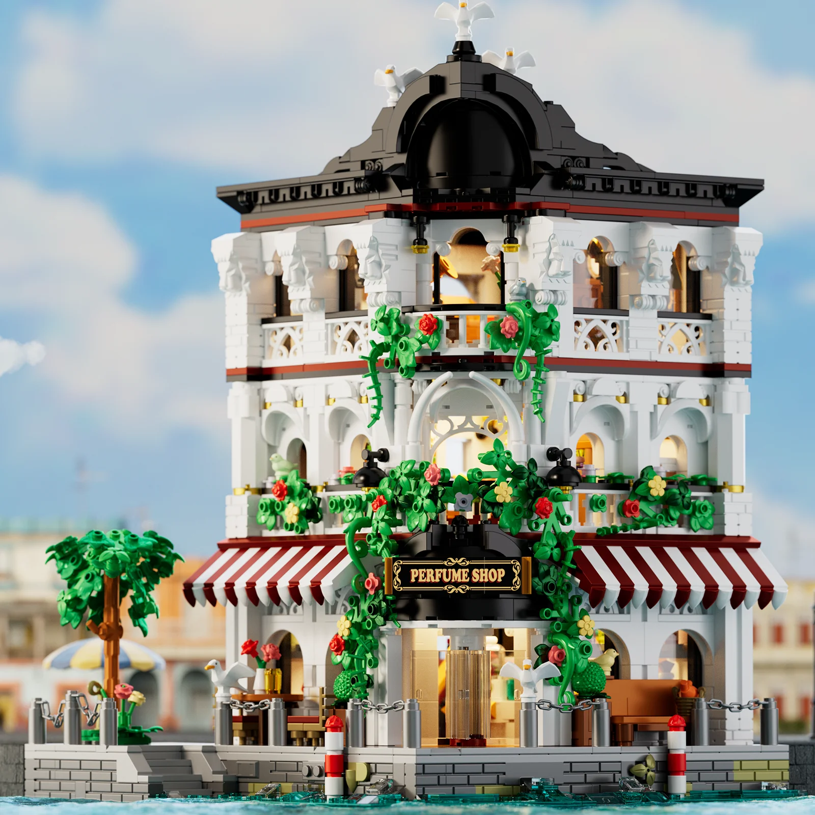 Image of 2771 Teile Venezianischer Parfüm-Laden am Flussufer Bausteine Stadt-Straßenansicht Architekturmodell MOC Bausteine Spielzeug Heimdekoration Geschenke