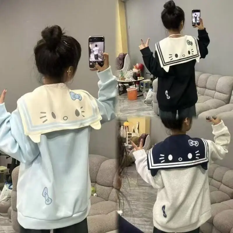 Anime Kawaii Kitty Cat Girls Zipper Sweatshirt Spring Autumn Cotton Cute Navy Collar Cardigan Coat Student Loose Tops Gift