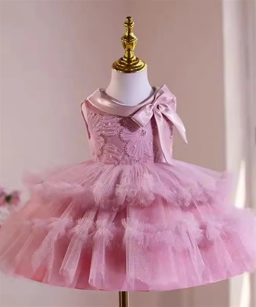 

Pink Sleeveless Flower Girl Dress Knee Length Tiered Lace Princess Kids Wedding Birthday Party Holiday Prom Gown