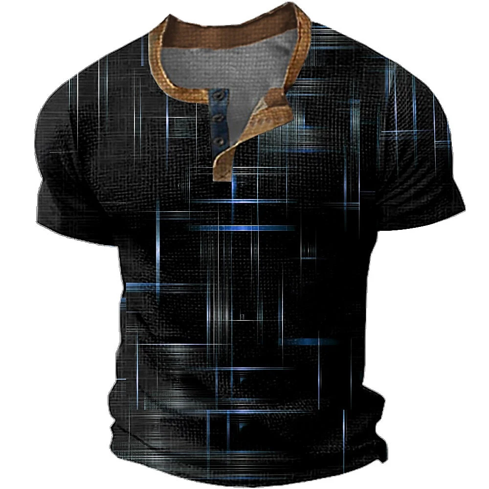 Sommer Henley-Shirts Abstrakter 3D-Druck Streetwear Herren Lässiges Oversize Kurzarm-T-Shirt mit Knopfleiste Oberteile Männerkleidung – Detail 3