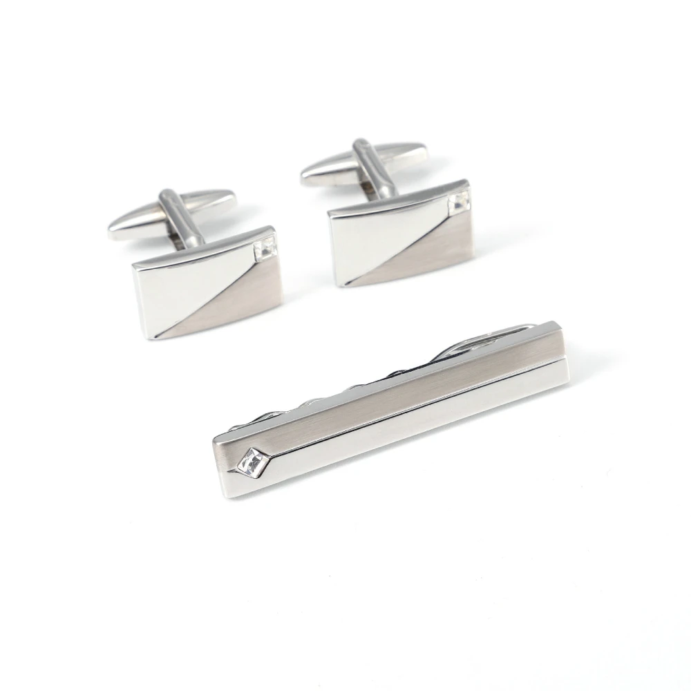 Tie Clip Silver - Simple Geometric Diamond Studded Cufflinks and