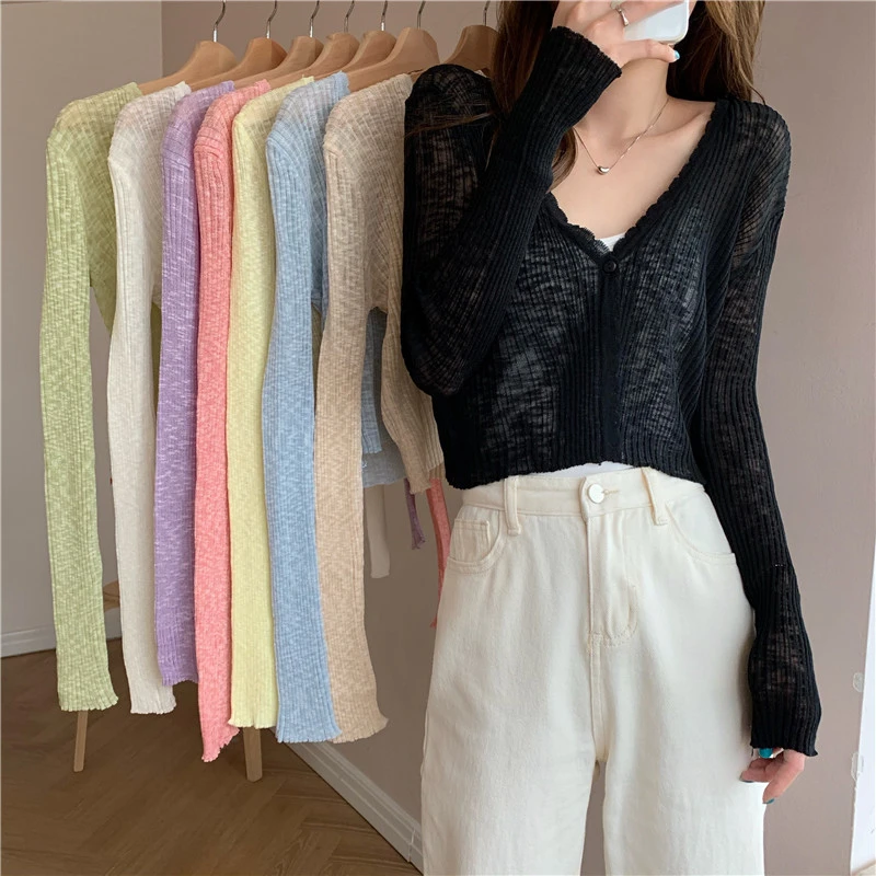 Sheer Ribbed Knit Cardigan with One Button Long Sleeve Crop Top Women Teen-girl Spring Summer Fairycore Outfit