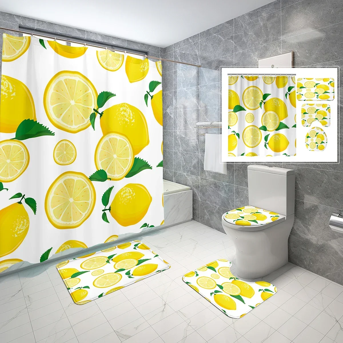 

Cartoon Lemon Shower Curtain Sets 4 Pcs with Non-Slip Rugs Mat Toilet Lid Summer Fresh Fruit Waterproof Shower Curtains Set