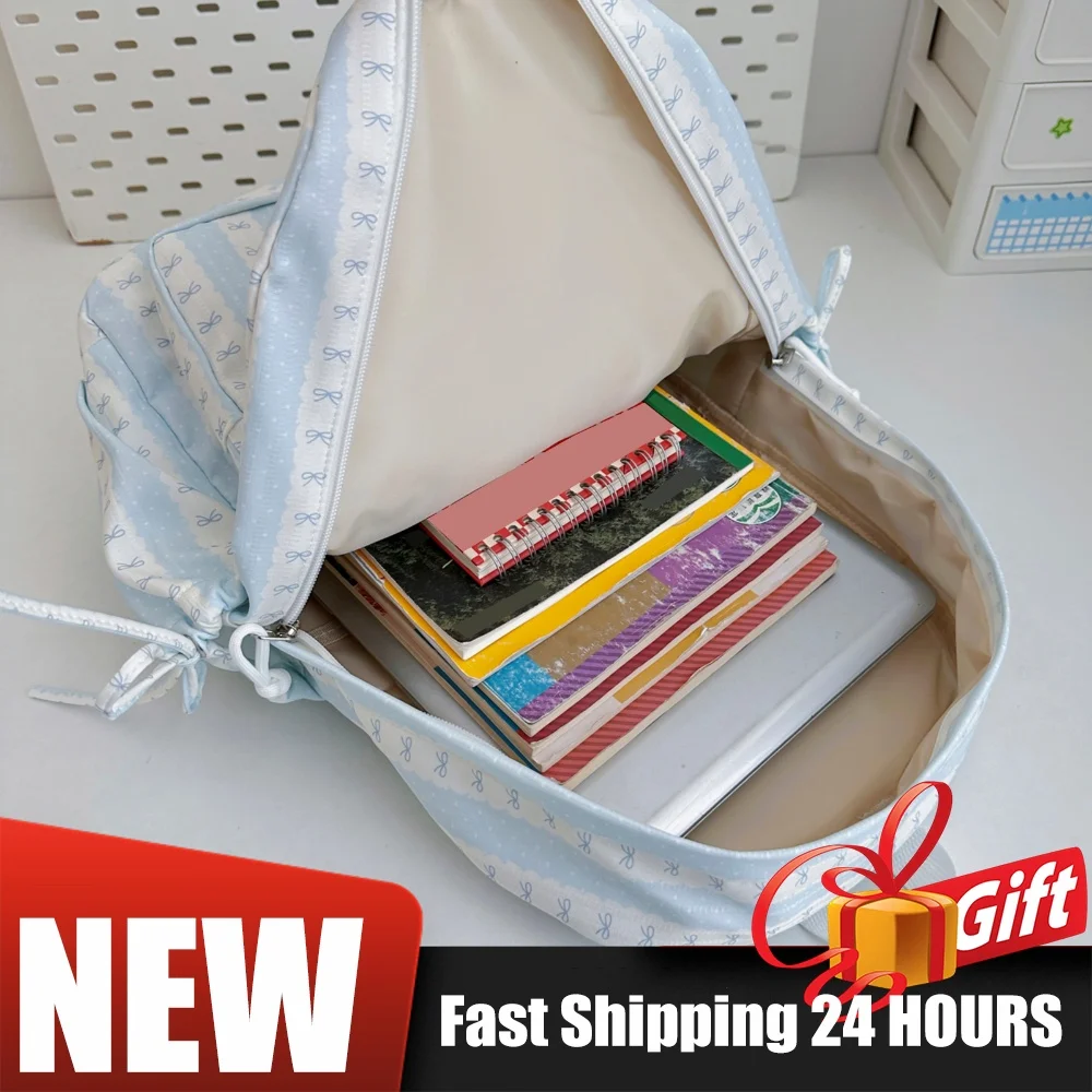 Women Nylon Stylish Strip Backpacks Multi-Pocket Cute Lace Trim Book Bags Lovely Macaron Color Schoolbag Commute Work Backpacks