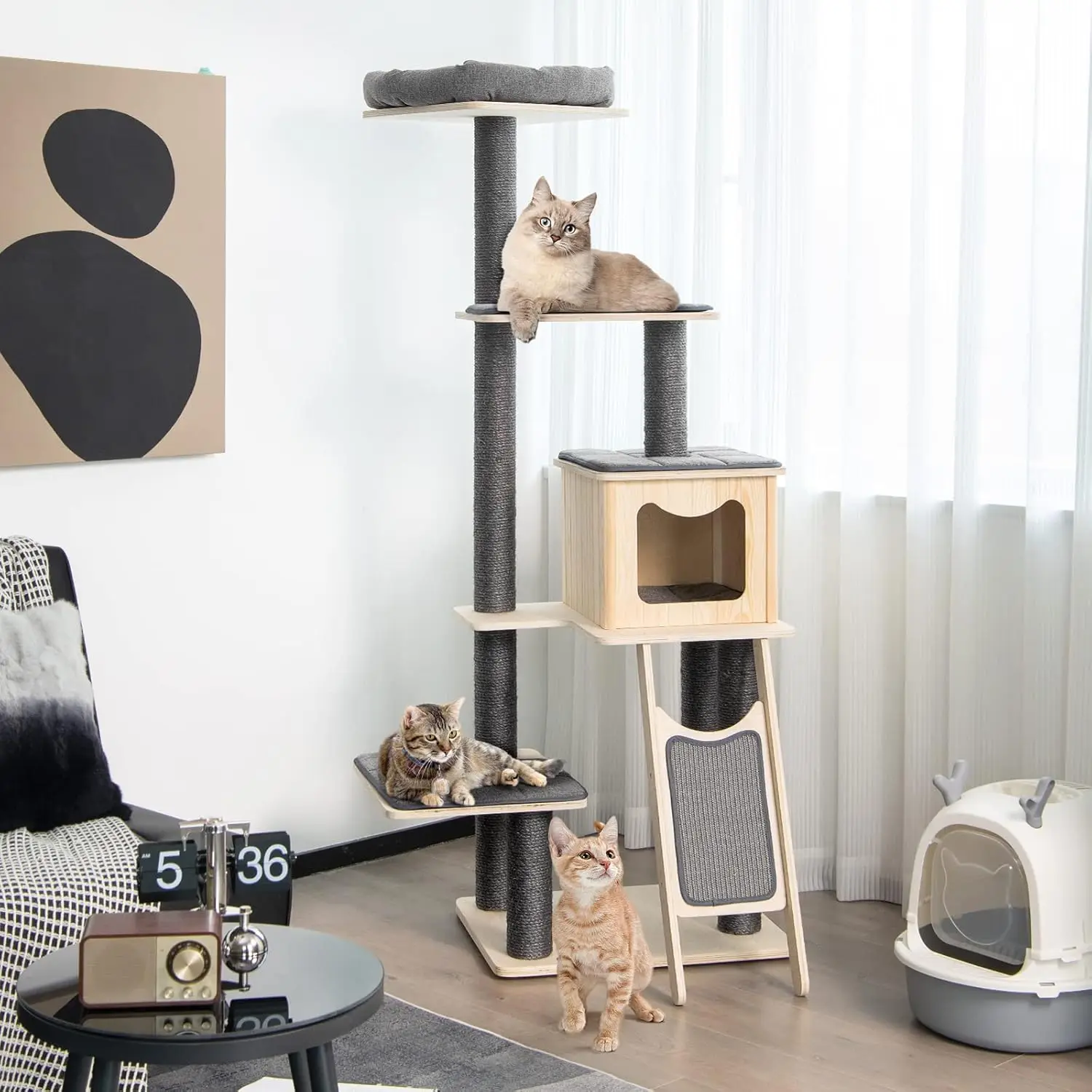 Grand arbre à chat avec poteaux en sisal à gratter, tour en bois à 5 niveaux, perchoir supérieur, condo mignon pour chat, 69 po