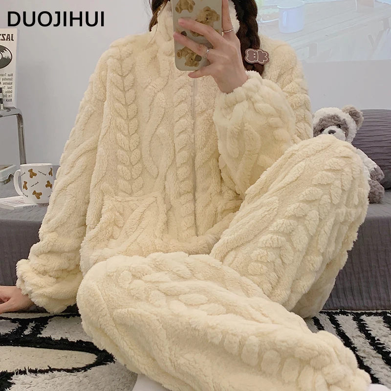 DUOJIHUI Simple 7-colors Zipper Pullover Loose Pajamas for Women Winter Thick Warm Simple Pure Color Fashion Female Pajamas Sets