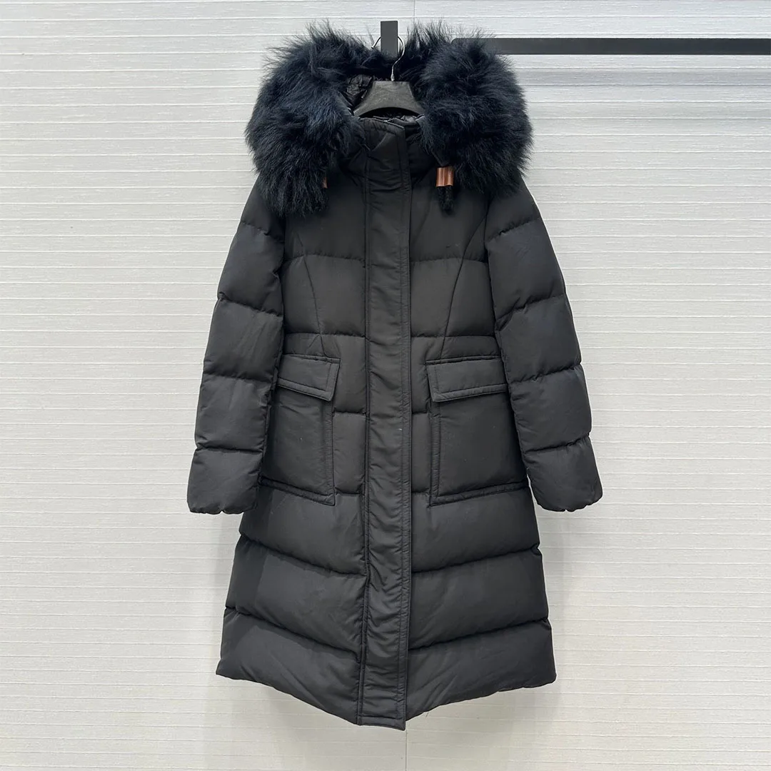 جديد الشتاء الأبيض أوزة أسفل معطف طويل المرأة مقنعين الصوف الفراء طوق طويلة الأكمام جيوب كبيرة أنيقة موضة سميكة الدافئة سترة