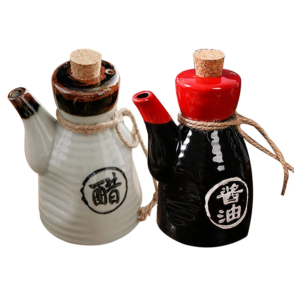 2 Pcs Ceramic Soy Sauce Bottle Condiment Dispenser Seasoning Pot Kitchen Accessory Japanese Style Jar Wood Liquid