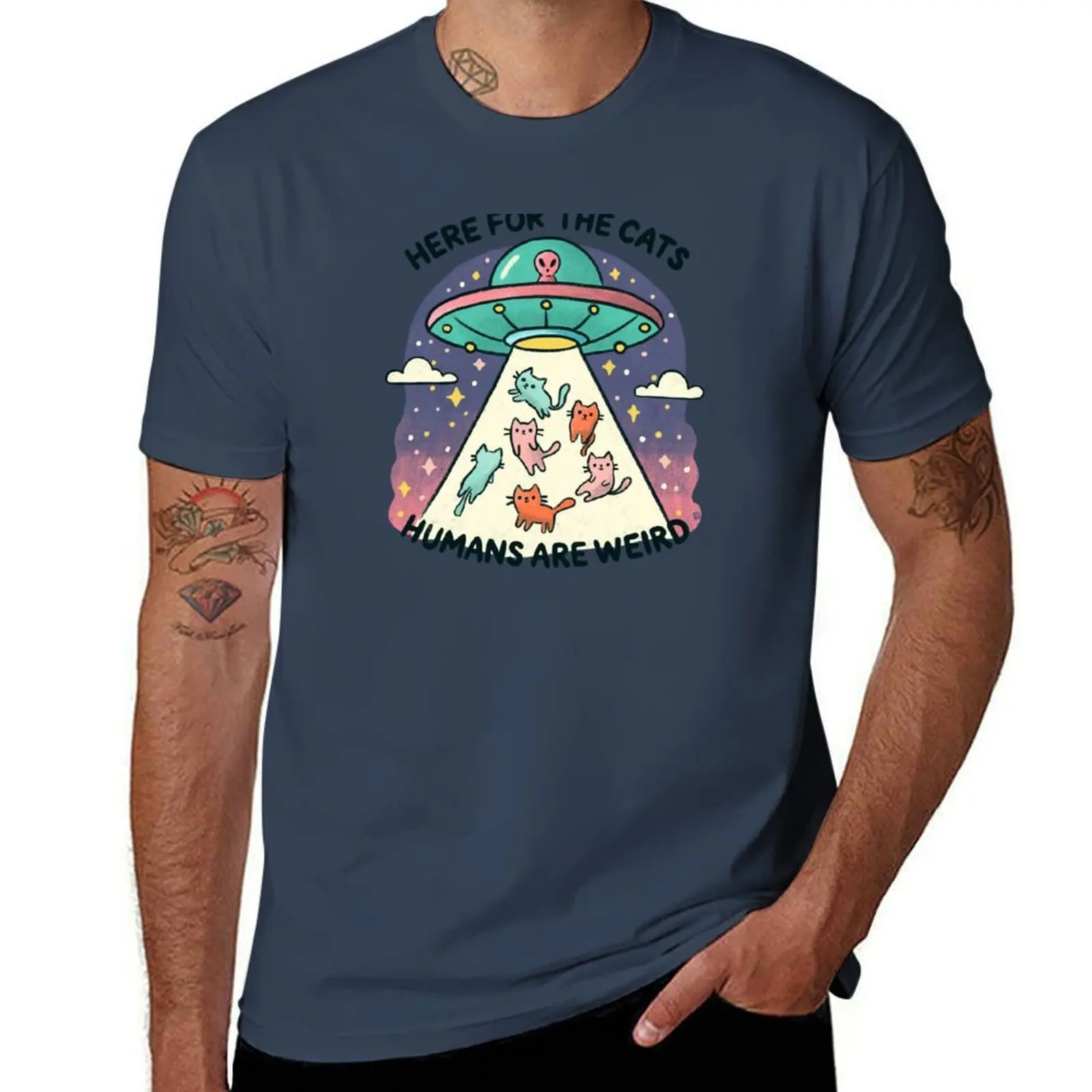 Here for the Cats, Humans Are Weird T-Shirt Work Outdoor Short Sleeve Tee