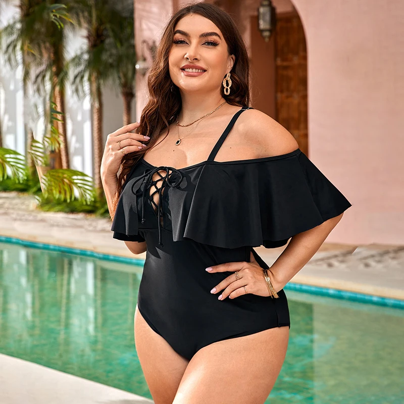 Roupa de banho de peça única com renda para mulheres, biquíni preto, plus size, maiô 4XL