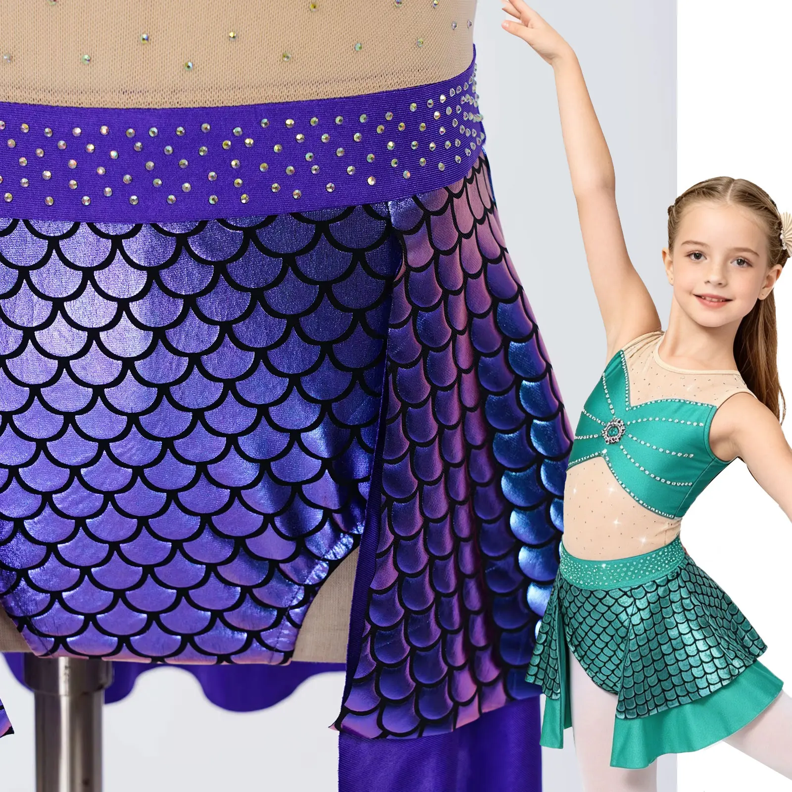 Fish Scale Rhythmic Gymnastics Jersey Kids Girls Figure Skating Ballet Lyrical Dance Leotards Dress Mermaid Princess Dress Up