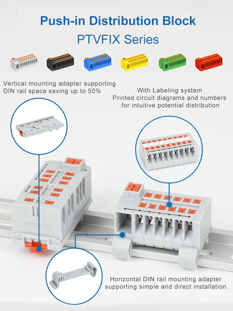 Bloc de distribution sur rail DIN Série PTVFIX Bloc de bornes à insertion latérale Câble de 2,5 mm² Connecteur 6/7/12/13/18/19 connexions