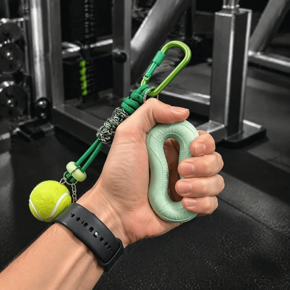 Soft Squeezable Material Grip Strength Trainer Tennis‑Shaped Creative Design Fidget Keychain Hand Finger Exercise