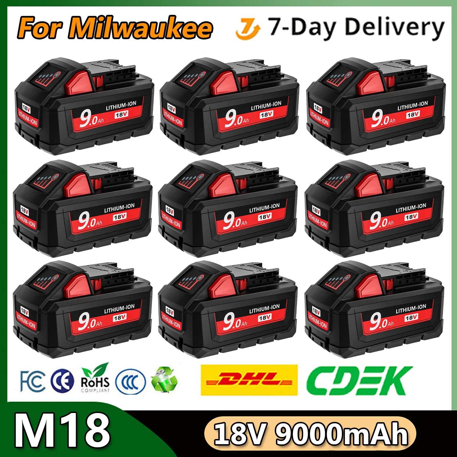 18V 9.0Ah For Milwaukee M18 Battery 9000mAh 15-Cells Li-ion Rechargeable Battery 48-11-1815 48-11-1850 Replacement Barrtey