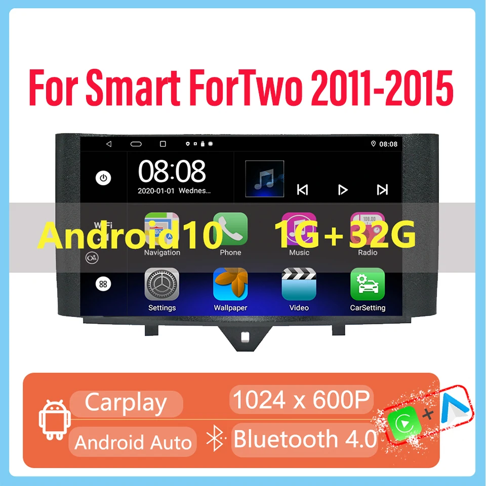 

Carplay Android-радио для Smart ForTwo 2011-2015 с 9-дюймовым емкостным сенсорным экраном, GPS-навигацией, Bluetooth, USB-плеером, стерео