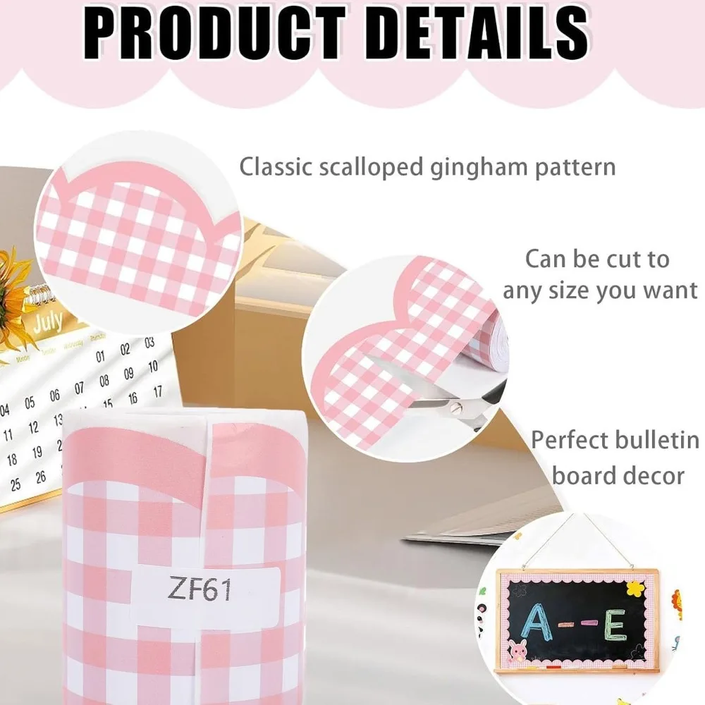 Durable Wavy Edge Masking Tape Checkered Pattern Pink Plaid Decorative Border Tape 65FT Board Border Party Decoration