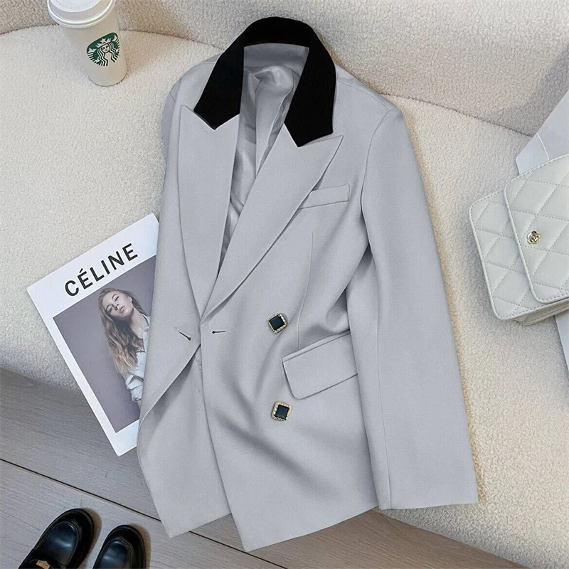 Fashion Women's Suit Jacket Double-breasted Patchwork Colors Blazers Lady Casual Coat Office Spring Autumn Streetwear Outerwear