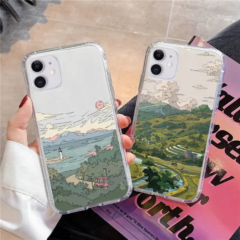 Anime Retro Countryside Scenery Phone Case For iPhone 15 14 13 12 11 Pro Max XR XS SE2 7 8 Plus Clear Cover Fundas