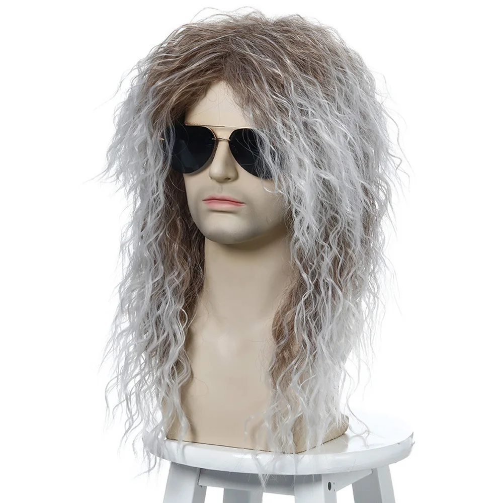 Synthetic Black Silver Wig Long Curly Puffy Wigs  For Men Punk Cosplay Halloween  Disco Rock Party Wig