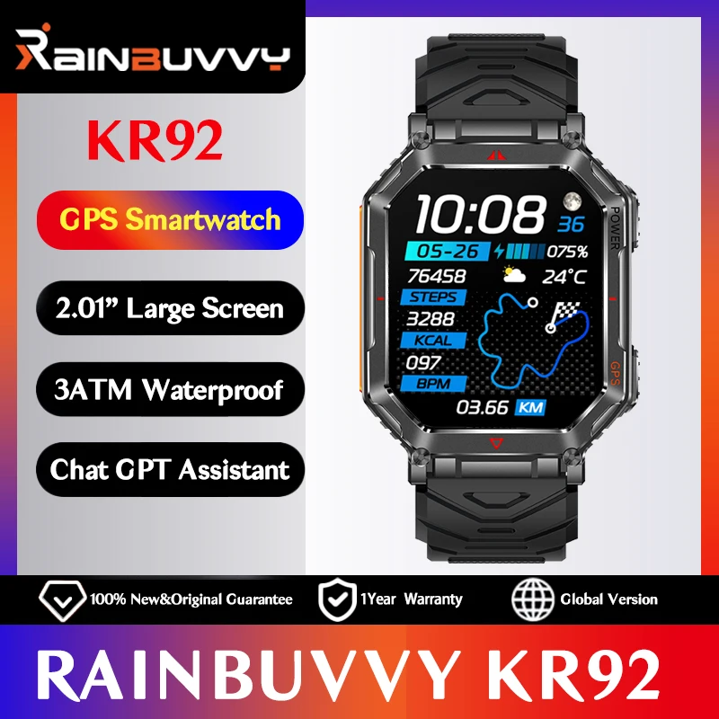 Rainbuvvy KR92 GPS الرياضة ساعة ذكية 2.01 ''AMOLED شاشة 5ATM مقاوم للماء ساعة معصم 450mAh بطارية الارتفاع ضغط البوصلة