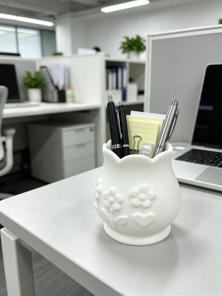 Desktop Storage Box in Flower Shape with Petal Edges, Matte White Pen Holder, Vintage Floral Decorative Pen Cup, Multifunctional Stationery and Makeup Brush Organizer, Suitable for Home Study Desk, Girls' Desk, and Office Desk, Sturdy and Durable Desktop Ornament, Gift for Girls and Office Workers