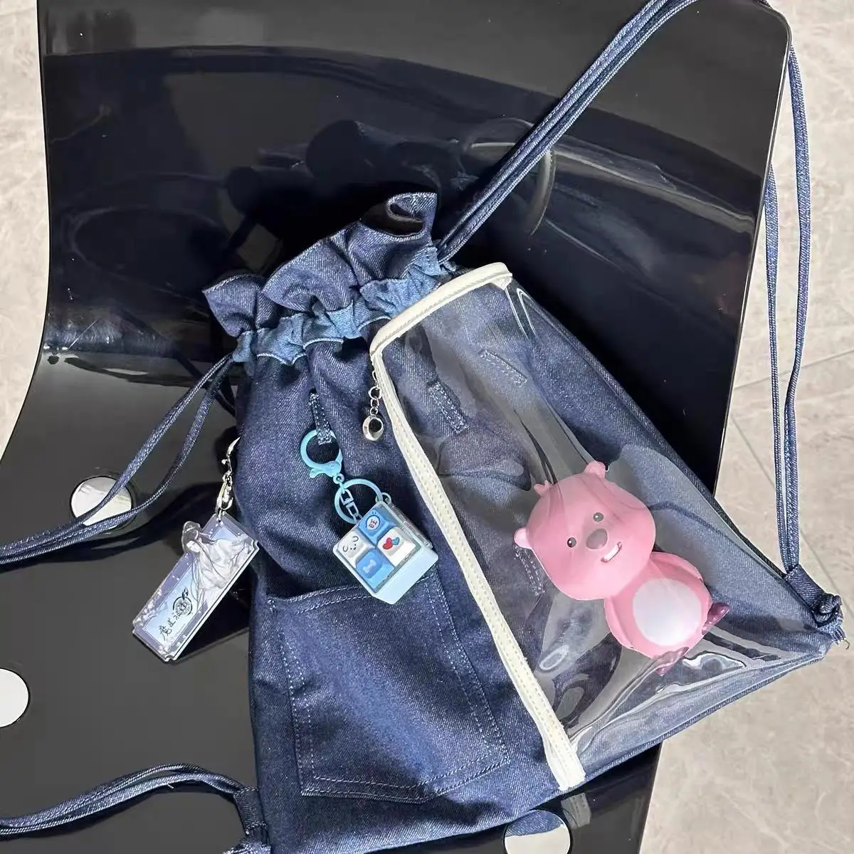 

Richme Fashion Women Backpacks 2025 Designer Denim String Casual Ladies Commute Bag Transparent Harajuku Doll Show Bolso Mujer