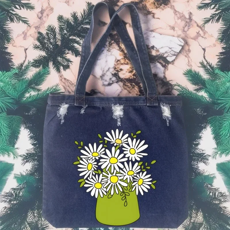 

Джинсовые сумки-тоут унисекс Love Daisy Feeling Daisy, легкая сумка большой вместимости, универсальные дорожные сумки для покупок под мышками