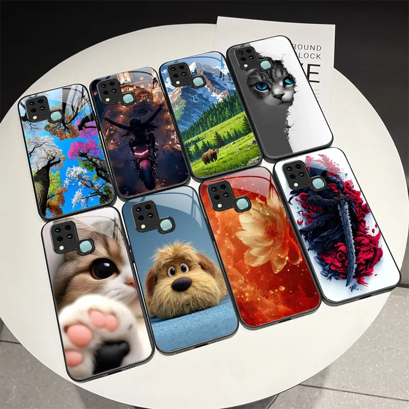 Чехол с милыми кошками и цветком для Infinix Hot 11 G37 X689F/Hot 10S/Hot 10T, защитный чехол из закаленного стекла, твердый корпус Чехол с милыми кошками и цветком для Infinix Hot 11 G37 X689F/Hot 10S/Hot 10T, защитный чехол из закаленного стекла, твердый корпус