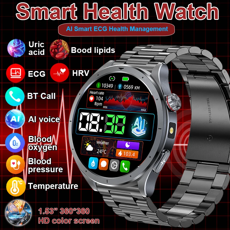 

2025 New Health Smartwatch ECG Blood Lipids Blood Pressure Uric Acid HRV Al Voice Temperature Intelligent Q&A BT Call Smartwatch