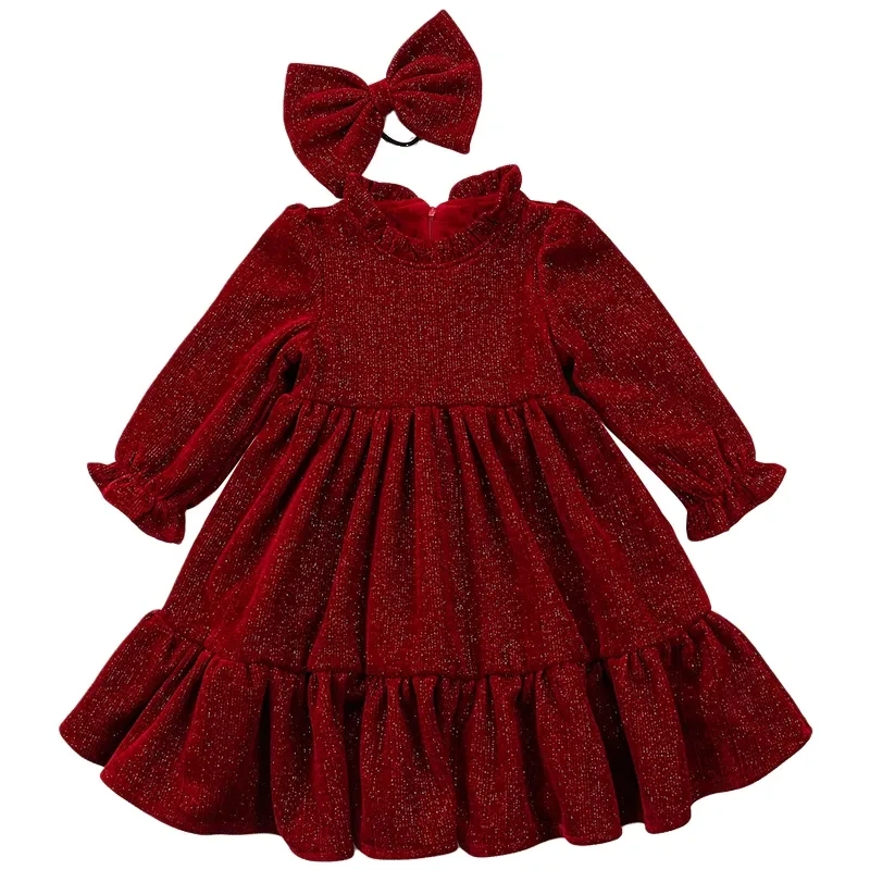 2-12 Years Kids Red Corduroy Princess Dress with Bow Children Long Sleeve Christmas Dresses for Girls Thick Velvet Winter Dress