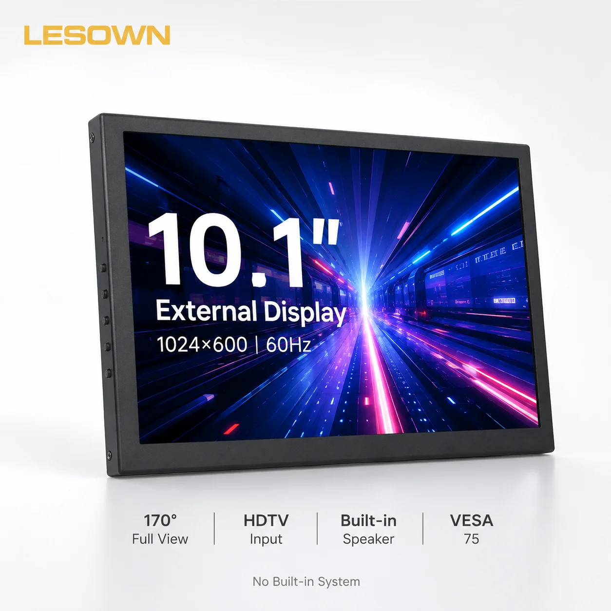 LESOWN 10.1'' VESA Mount Secondary Display 1024x600 Aluminium Black HDTV Plug and Play AIDA64 Display 16:9