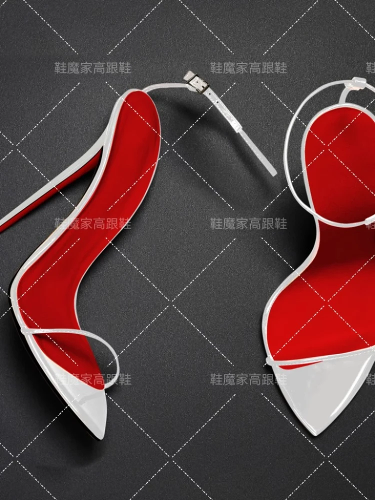 

2025 new slim white pointed buckle strap with European and American sexy high heels sandals red soled fashion shoes