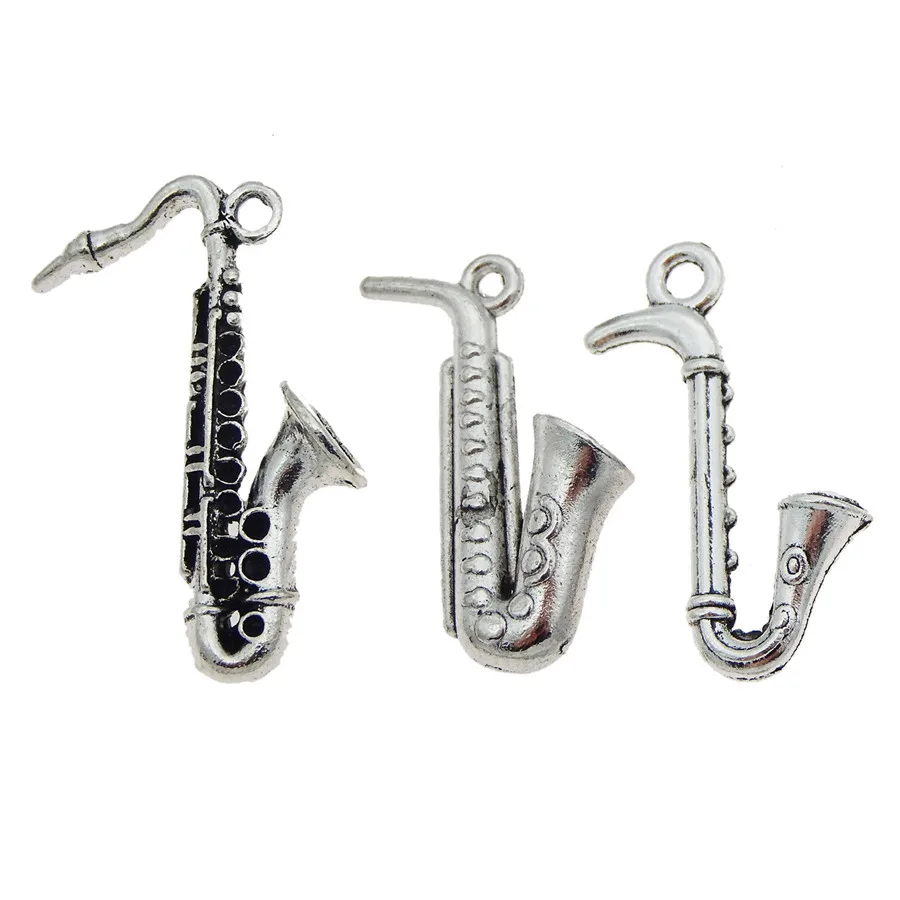 Julie Wang 6pcs Mixed Music Instrument SaxoPhone Charms Antique Silver Color Alloy Pendant Jewelry Keychain Necklace Accessory