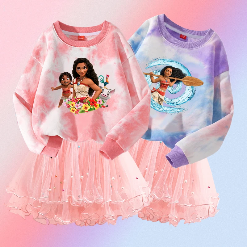 Moana Girl Print Long Sleeve T-Shirt & Skirt Set Casual Fashion Girls Sweatsuit Fall Sets Comfy Dress Set Birthday Party Costume